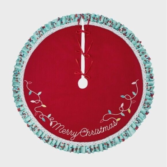The Pioneer Woman Red Knit Merry Christmas Polyester Tree Skirt 48 Inches NEW - Picture 1 of 8